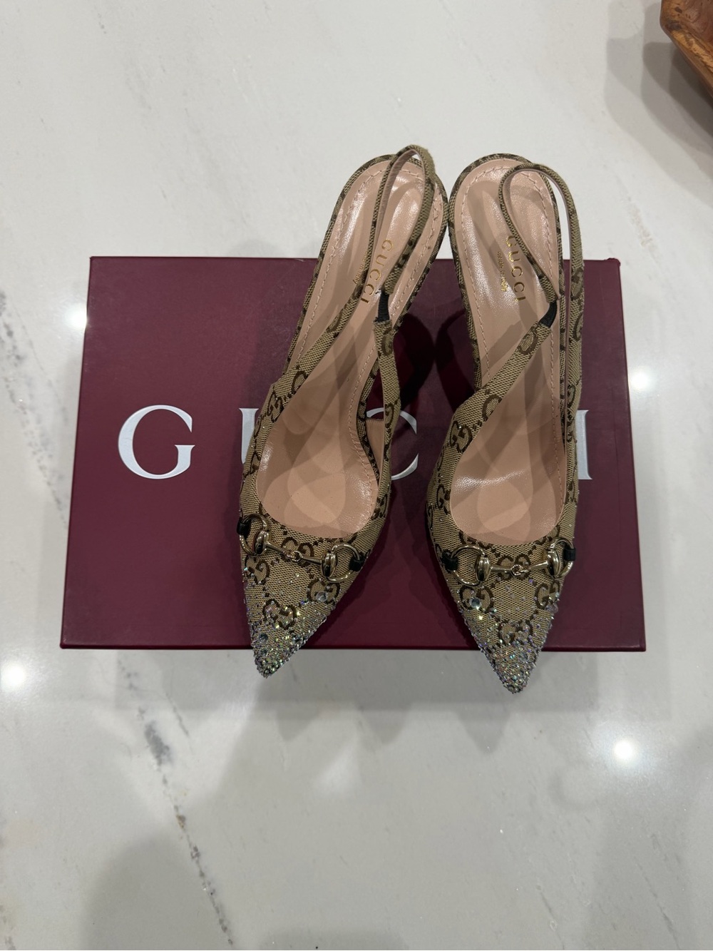 Gucci Tan Brown Monogram Crystal-Embellished Pointed Slingback Heels